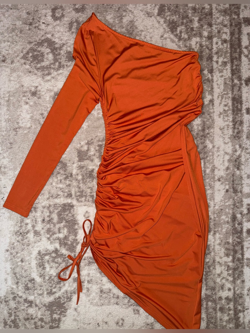 Luxe Orange One-Shoulder Drawstring Ruched Dress | Size Medium